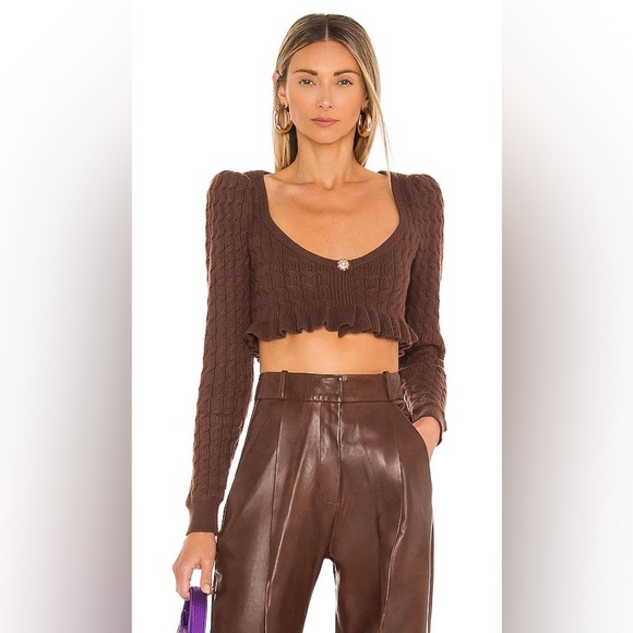 LPA Soren Chocolate Brown Cropped Cable Knit Sweater Ruffle Trim Small Coquette - Picture 1 of 10